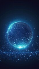 Glowing blue planet in dark space with particles.