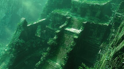Submerged ancient ruins in a deep, verdant underwater world.
