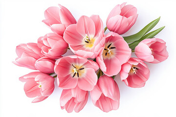 Obraz premium Bouquet of pink tulips captured on white background, symbolizing beauty, love, and springtime freshness. 