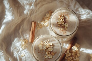 Two Oatmeal Smoothies in Glass with Cinnamon Sticks on Wrinkled Fabric Surface