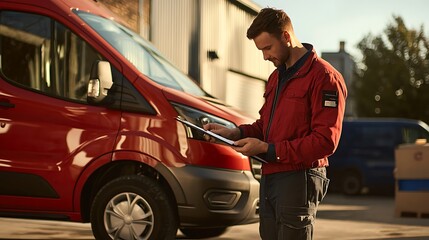 Man in a red jacket is looking at a clipboard while standing next to a red van