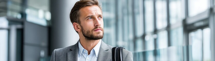 Fototapeta premium A confident businessman with a beard looks thoughtful while standing in a modern glass building.