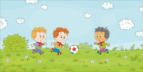 Obraz premium Cheerful little boys playing football on a green playground in a park on summer vacations, vector cartoon illustration