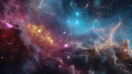 Naklejka premium A breathtaking view of a nebula, swirling with vibrant colors of pink, orange, and teal, speckled with countless stars.