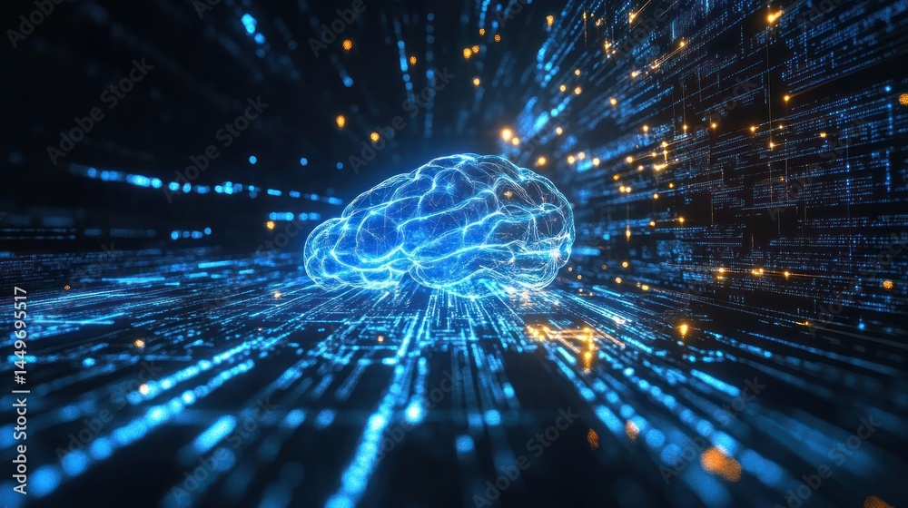 Wall mural digital brain glowing, processing data in cyberspace, futuristic backdrop, for artificial intelligen