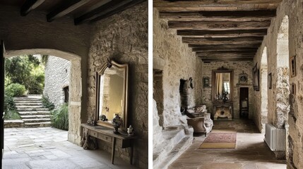 Rustic stone hallway interiors showcasing architectural details.