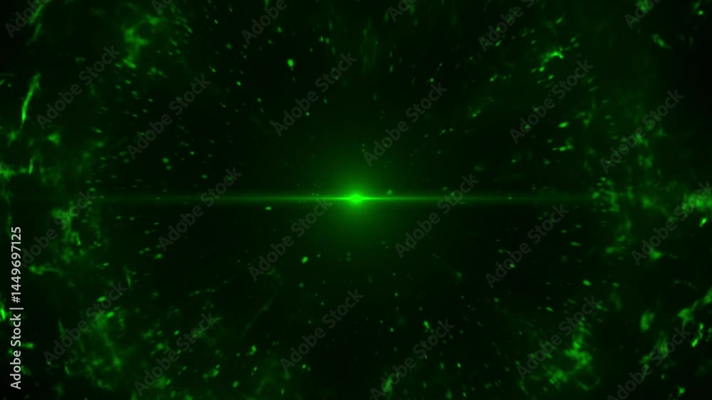 Wall mural green plasma sphere expands in fiery energy shockwave loop. abstract particle explosion effect with 