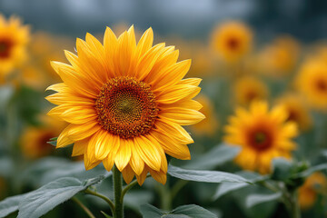 Fototapeta premium A bright sunflower stands out in a green field, surrounded by other sunflowers in the background.