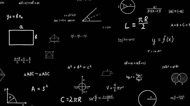 Scientific formulas moving on black background
