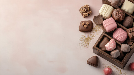 Assorted Gourmet Chocolates in a Wooden Box on a Light Pink Background