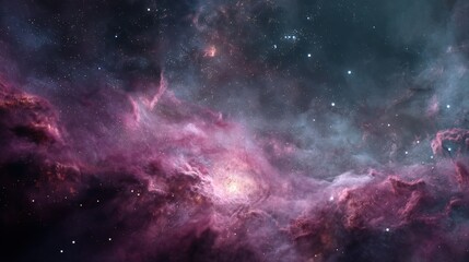 A breathtaking view of a nebula, swirling clouds of cosmic dust and gas in shades of purple, pink, and grey, scattered with distant stars.