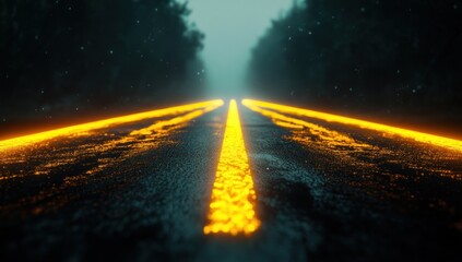 Glowing lines on a dark, foggy road disappear into a forest.