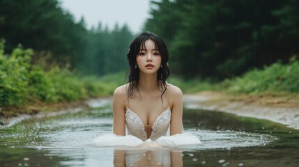 Sad beautiful Young bride sitting on street in wedding day,crying with tears eyes suffering from emotional break up relationship in rainy day,bad day with Female received bad news.