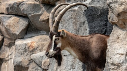 Majestic Markhor Goat Among Rugged Rocks, Profile View