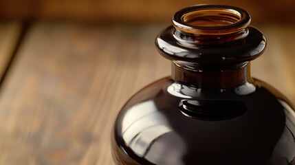 Close-Up View of Dark Glass Bottle with Wood Background