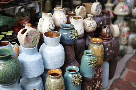 Traditional ceramics on display at the local craft market