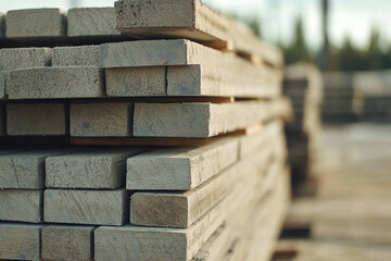 Close-up view of raw wood materials being processed at a manufacturing site during daylight