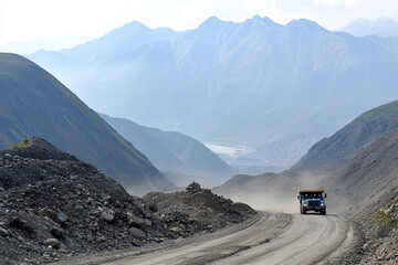 Conveyor belt transporting mined materials through mountainous terrain in a dusty environment