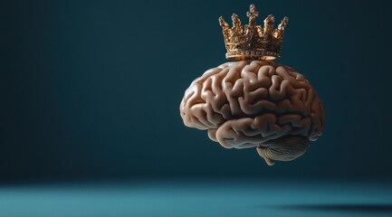 Gold crown atop human brain; intelligence, power concept.