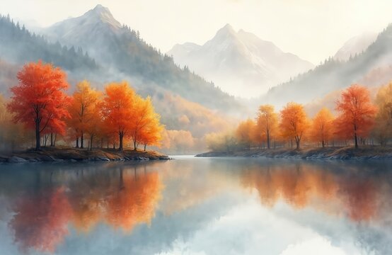 Watercolor painting of autumn landscape with vibrant trees reflected in calm lake. Misty mountains and trees are on background. Scenic tranquil natural scene in fall season, peaceful artwork.