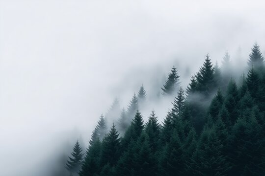 Fototapeta Pine forest covered in fog. atmospheric nature scene of misty woodland