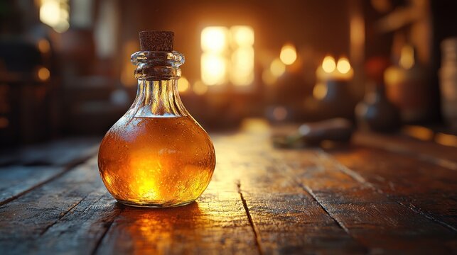 Golden elixir in antique bottle on rustic table