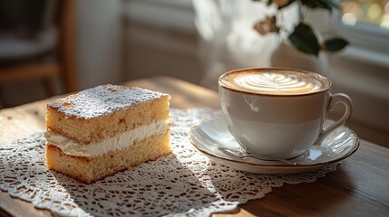 A slice of cake with a cup of coffee.  Sunlight highlights the treat and beverage on a wooden table