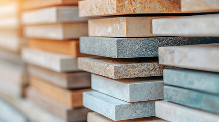 Stacked samples of various stone and ceramic countertop materials in different colors and textures.