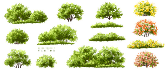  Vector watercolor blooming flower tree or forest side view isolated on white background for landscape and architecture drawing,elements for environment or and garden,green tree for garden section 