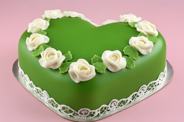 Heart-shaped green cake with white roses