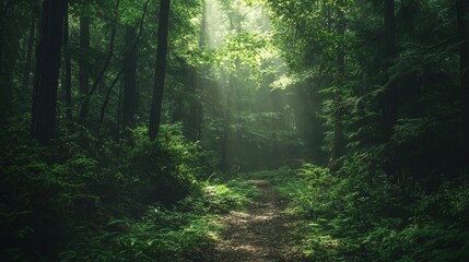 Obraz premium A path through a lush green forest with sunlight breaking through the canopy.