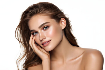 Fototapeta premium Young woman with hair pulled back and bare shoulders, with glowing skin, looking upwards and aside, gently touching her face or hair with her hand. Studio shot on a plain white background