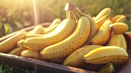 A bunch of ripe bananas in a wooden container