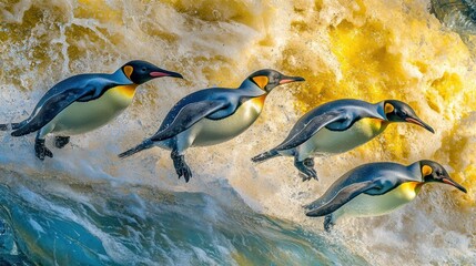 Penguins leaping from a wave