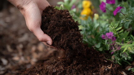 Hand pouring compost into garden bed with colorful flowers