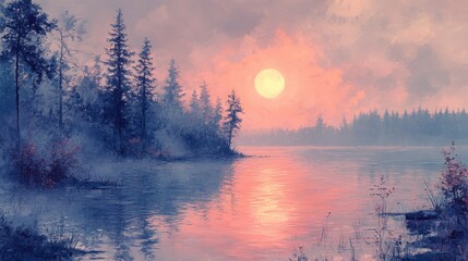 Tranquil, frosted sunrise over a serene lake.
