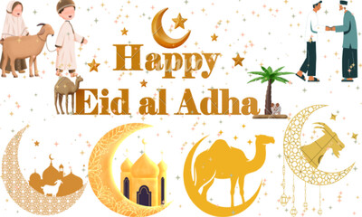 An Eid al-Adha themed vector art image showcases symbolic elements of the celebration, such as sheep or goats, traditional clothing, crescent moons, and mosques ,perfect for use in greeting cards.