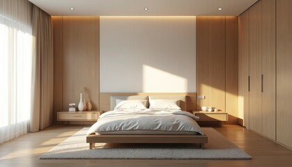 Modern minimalist hotel bedroom interior. White, wood color scheme, natural sunlight. Clean, comfortable design features bed, nightstands, wardrobe, curtains. Suitable for real estate, vacation