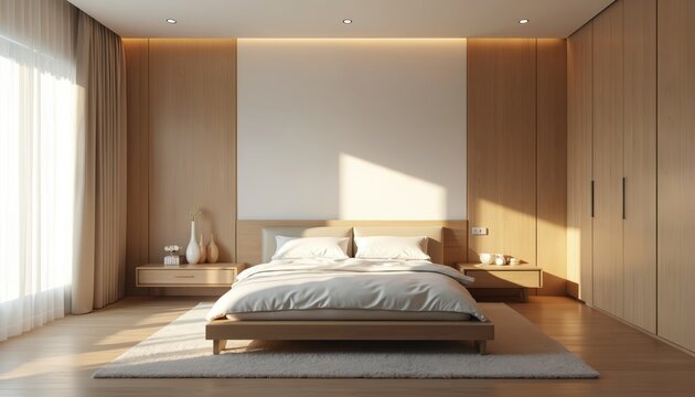 Modern minimalist hotel bedroom interior. White, wood color scheme, natural sunlight. Clean, comfortable design features bed, nightstands, wardrobe, curtains. Suitable for real estate, vacation
