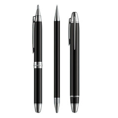 Three black pens with silver accents, displayed in a row