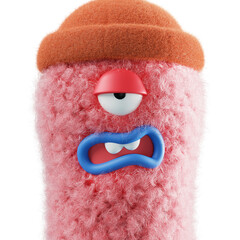 3d fluffy comic character fur face texture with emotion expression render. Cartoon fuzzy curly head in hat with color eye, mouth and teeth. Cute furry wool mascot tired, sleepy, bored