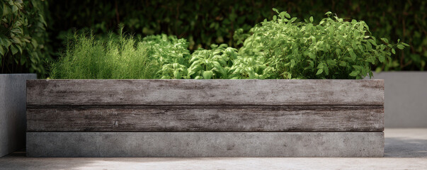 Obraz premium Wooden planter box with lush green herbs outdoors