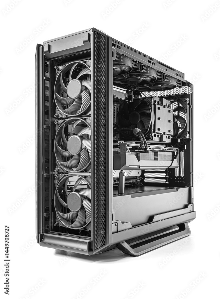 Poster a powerful custom-built pc case featuring triple front intake fans and high-end internal components 