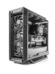 A powerful custom-built PC case featuring triple front intake fans and high-end internal components...