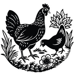 hen or chicken, rooster and chicks silhouette set. hen, rooster and chicks isolated farm animal silhouette icon vector collection
