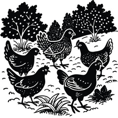 hen or chicken, rooster and chicks silhouette set. hen, rooster and chicks isolated farm animal silhouette icon vector collection
