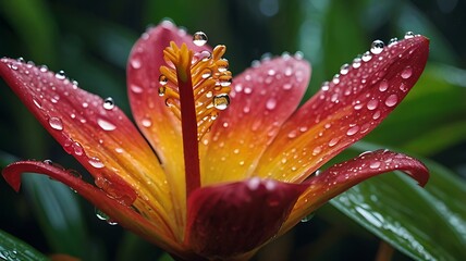 Fototapeta premium Close-up of tropical flower with rain droplets, vibrant petals and lush jungle reflection.