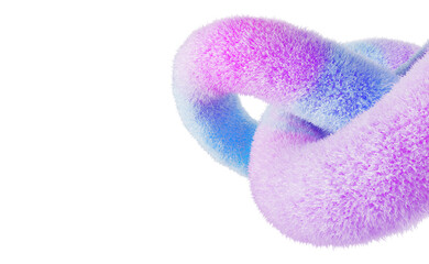 3d abstract fur fluffy thread twist in knot background. Pastel pink blue soft furry rope with hair...