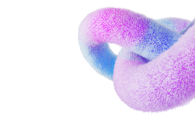 3d abstract fur fluffy thread twist in knot background. Pastel pink blue soft furry rope with hair texture. Cute fuzzy wool felt geometric line shape render. Trendy creative banner bg