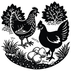 hen or chicken, rooster and chicks silhouette set. hen, rooster and chicks isolated farm animal silhouette icon vector collection
